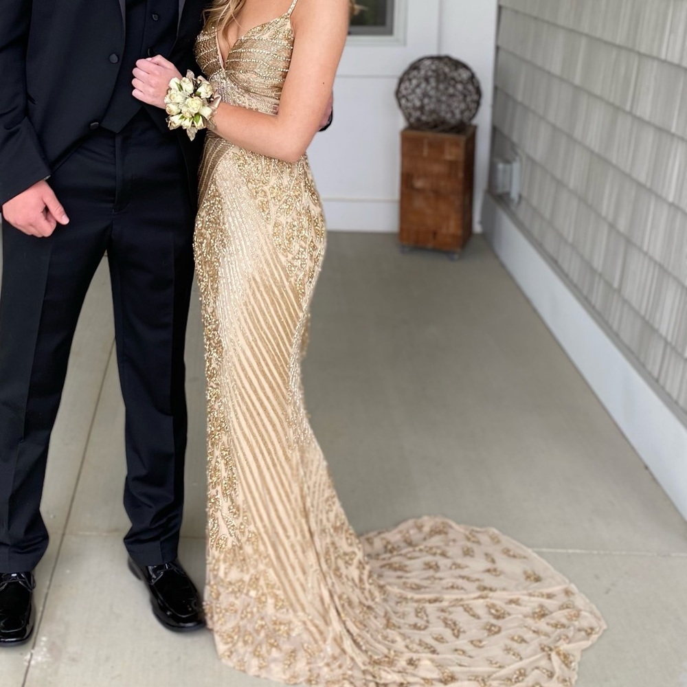 Sherri Hill 53489 V-neck Long Beaded Dress (Gold)